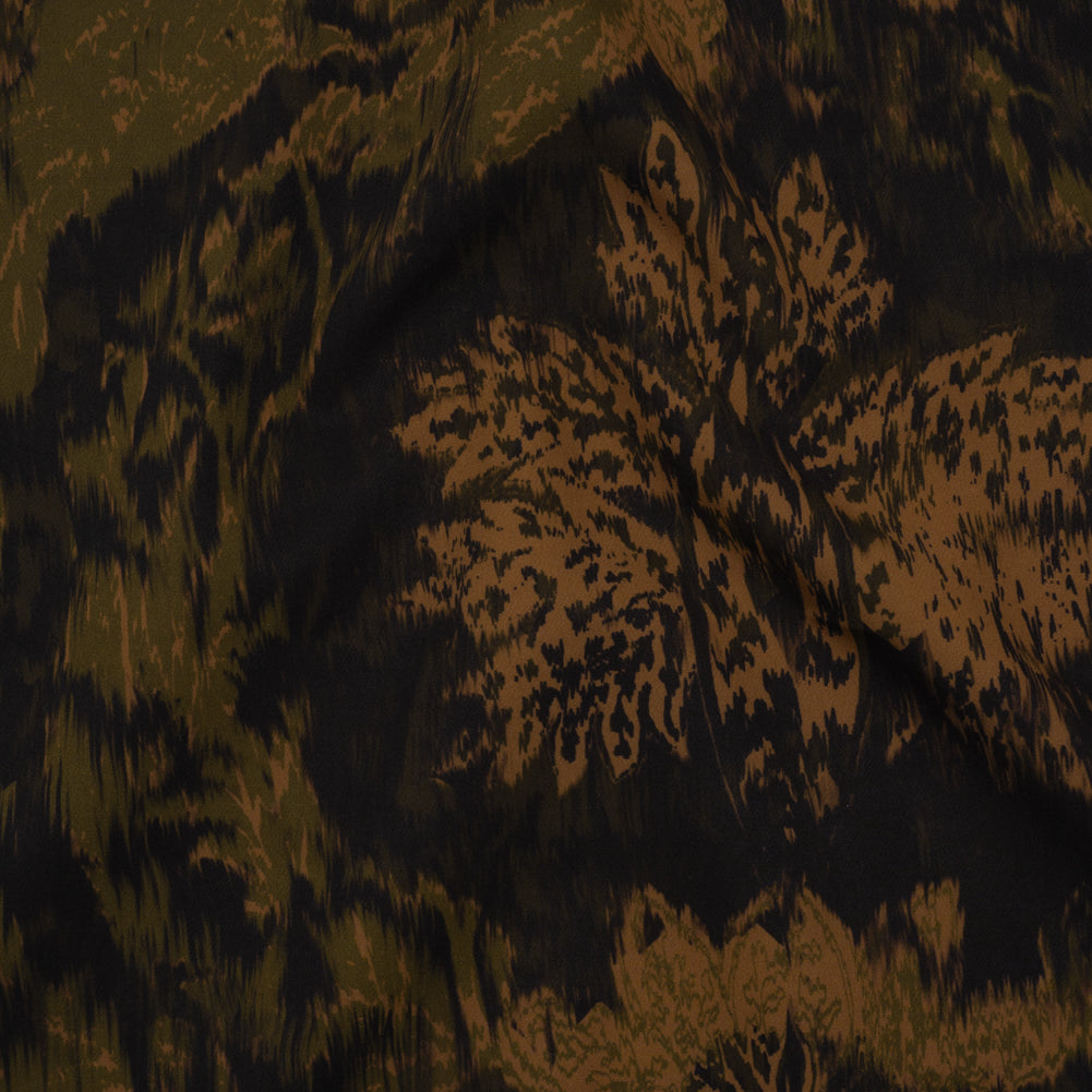 Stretch Polyester Woven Print - Black, Green and Brown Abstract Ikat - Mood Exclusive Brown Sugar Morning