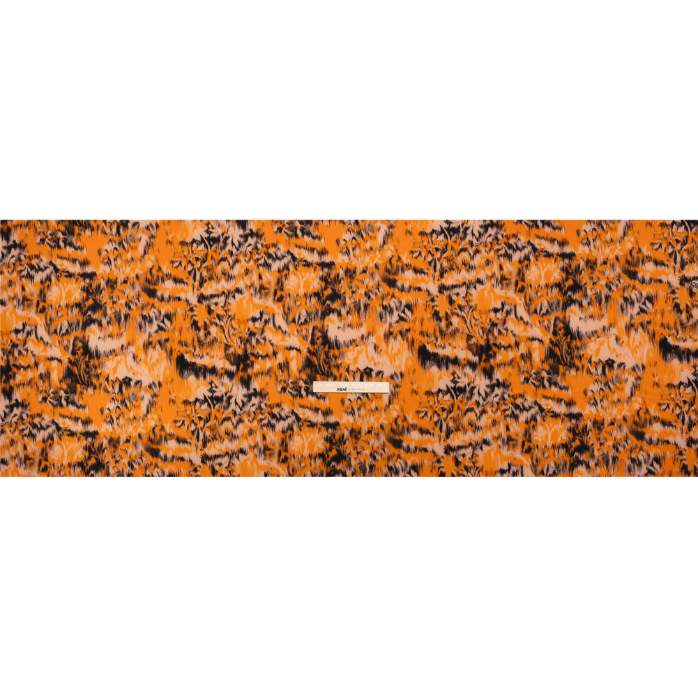 Stretch Polyester Woven Print - Orange and Black Abstract Ikat - Mood Exclusive Shifting Sands