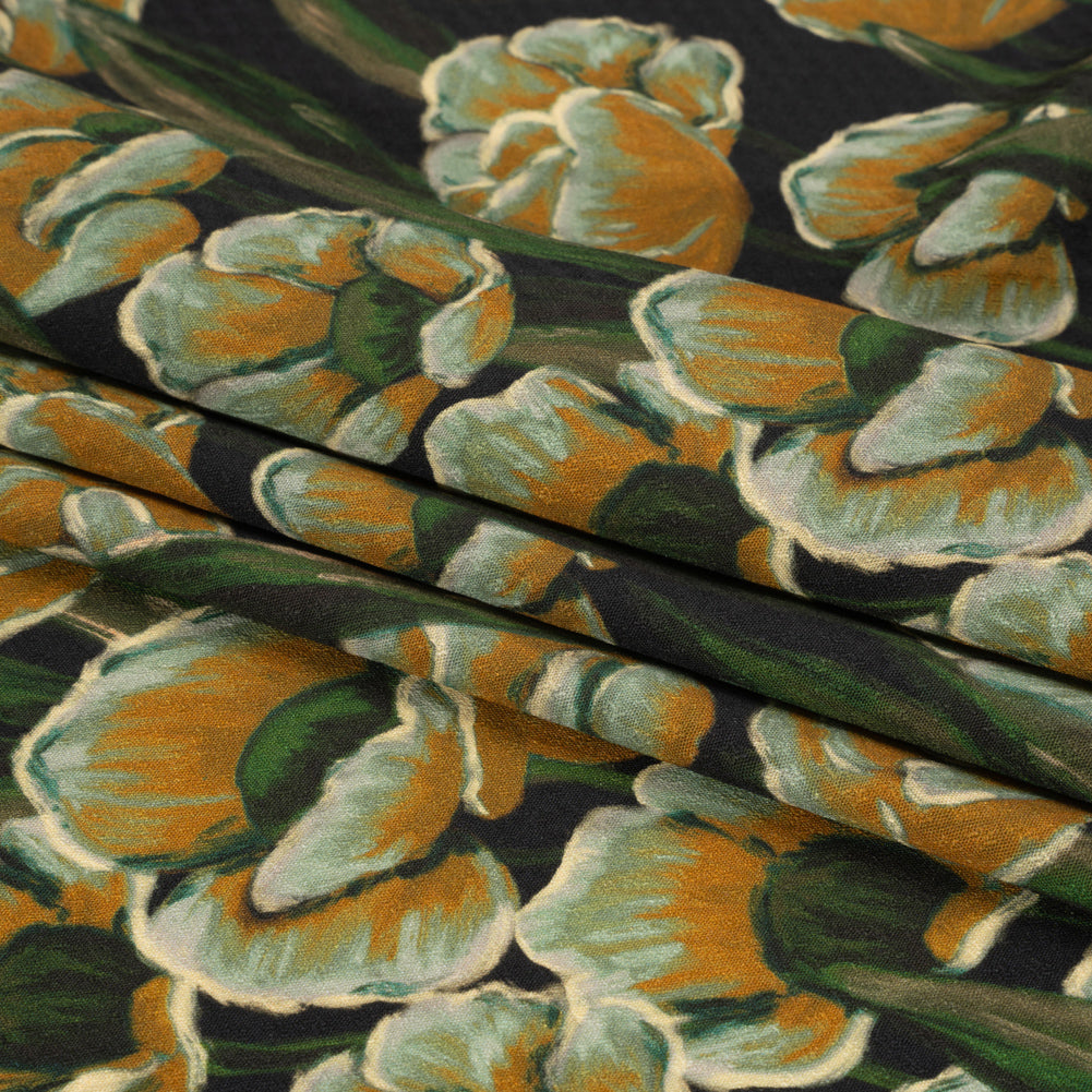 Sustainable Viscose Floral Jacquard Print - Dark Orange, Green and Black Floral - Mood Exclusive Draped in Dawn