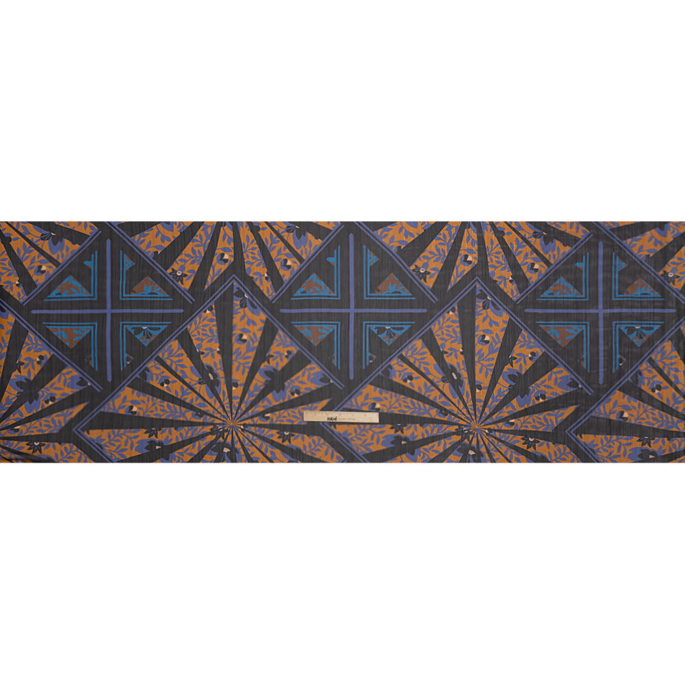 Polyester Chiffon Print with Metallic Pinstripes - Orange, Blue and Black Floral and Geometric - Mood Exclusive Through the Pane