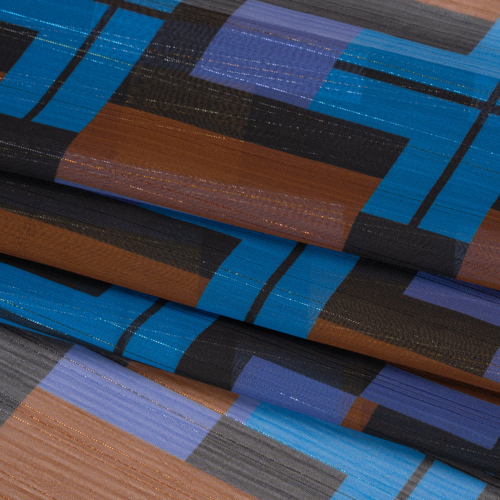 Polyester Chiffon Print with Metallic Pinstripes - Blue, Purple and Brown Geometric - Mood Exclusive Geometric Jigsaw