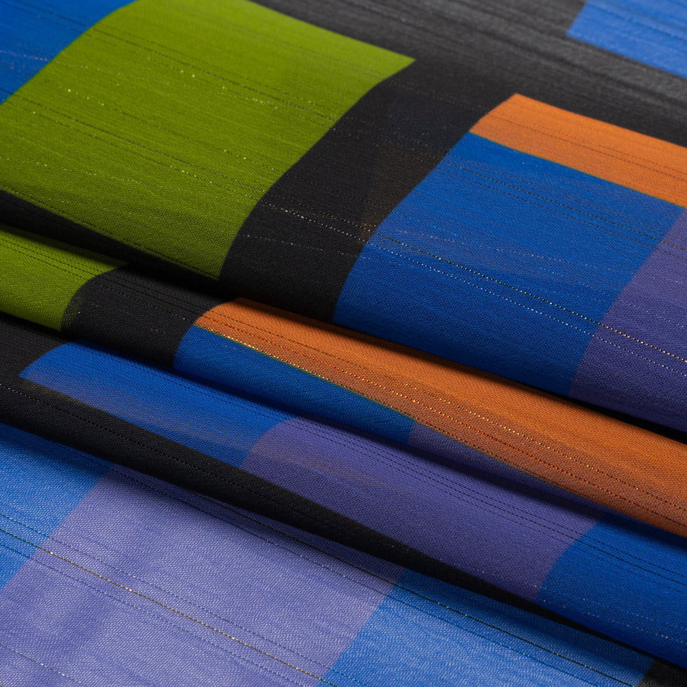 Polyester Chiffon Print with Metallic Pinstripes - Green, Orange and Blue Geometric - Mood Exclusive Through the Window