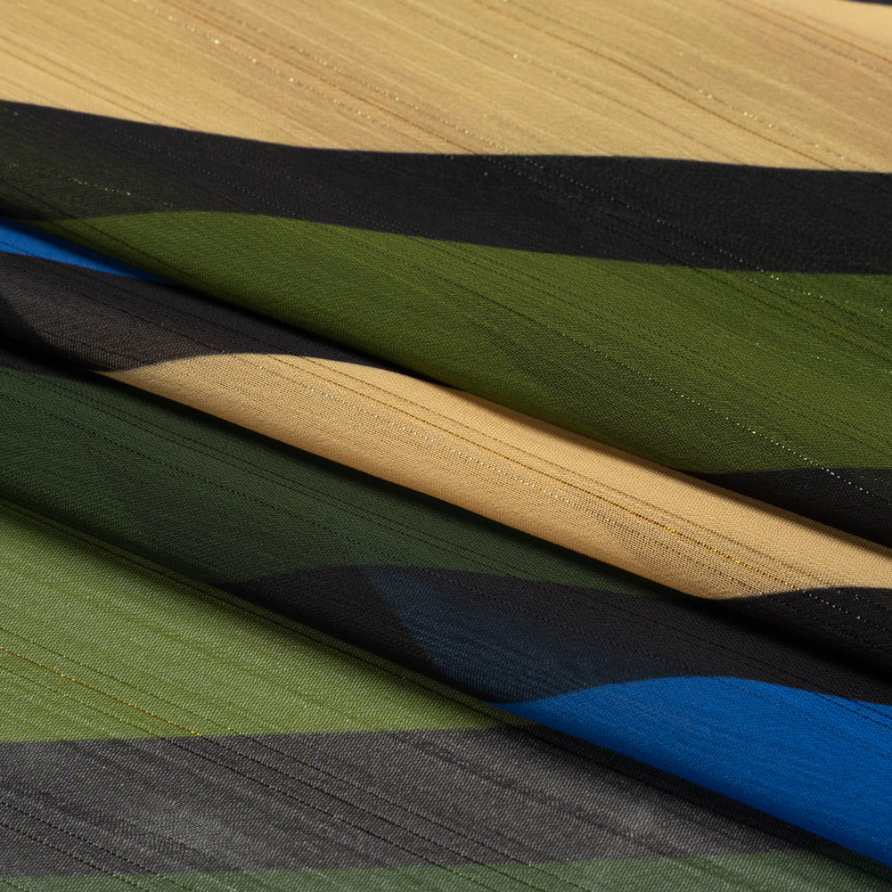 Polyester Chiffon Print with Metallic Pinstripes - Blue and Green Diagonal Stripes - Mood Exclusive Seemingly Slanted