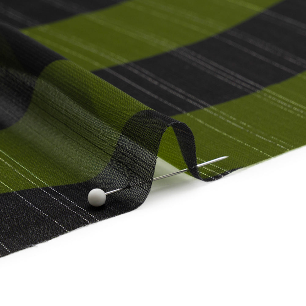 Polyester Chiffon Print with Metallic Pinstripes - Green and Black Wavy Stripes - Mood Exclusive Delray Daze