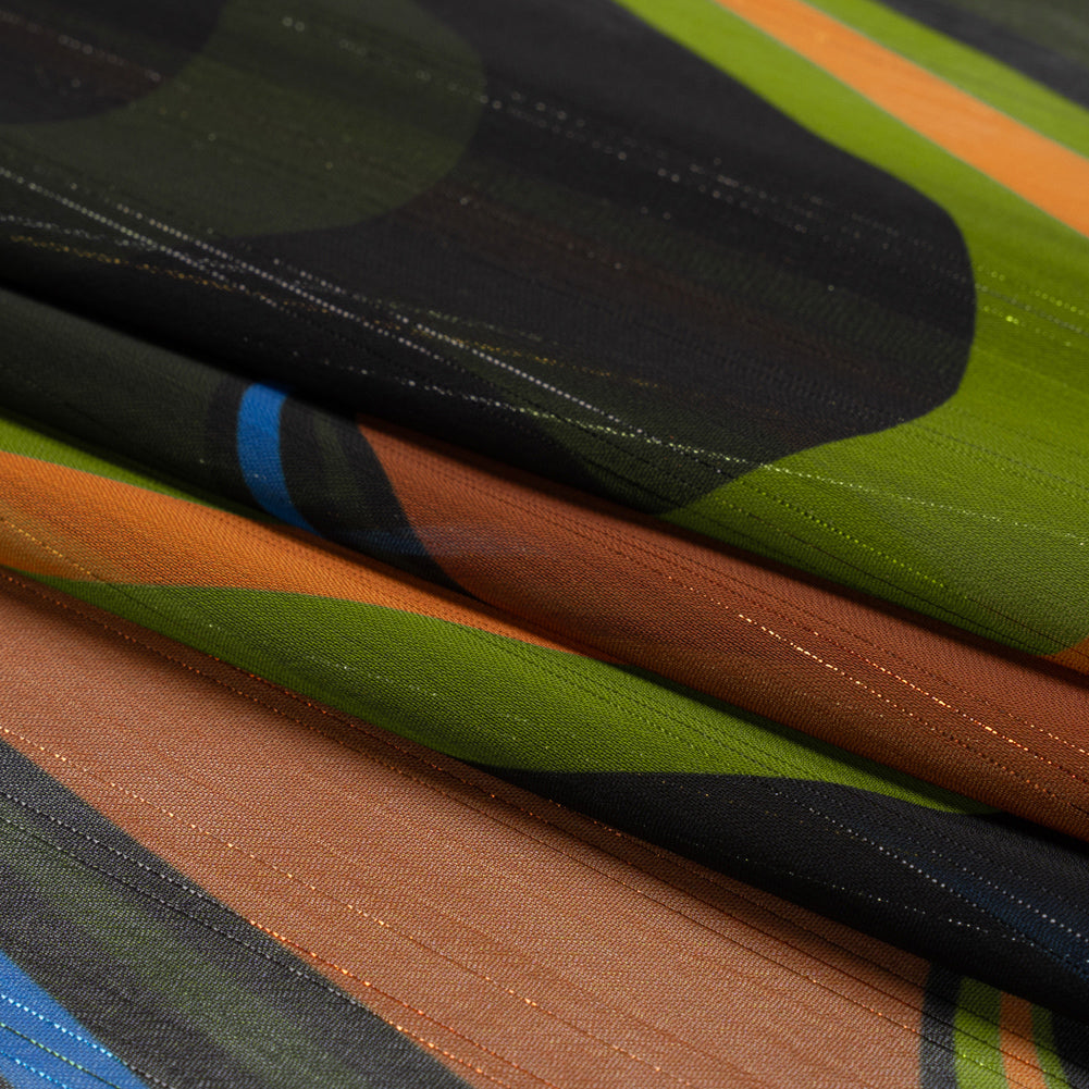 Polyester Chiffon Print with Metallic Pinstripes - Brown, Green and Black Waves - Mood Exclusive Ebb and Flow
