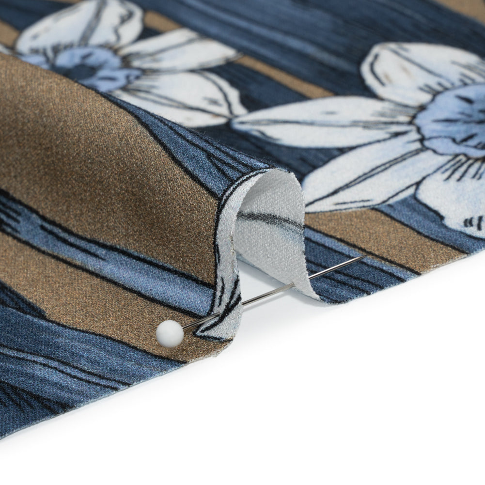 Viscose Crepe Print - Blue and Tan Floral - Mood Exclusive Drenched Daffodils