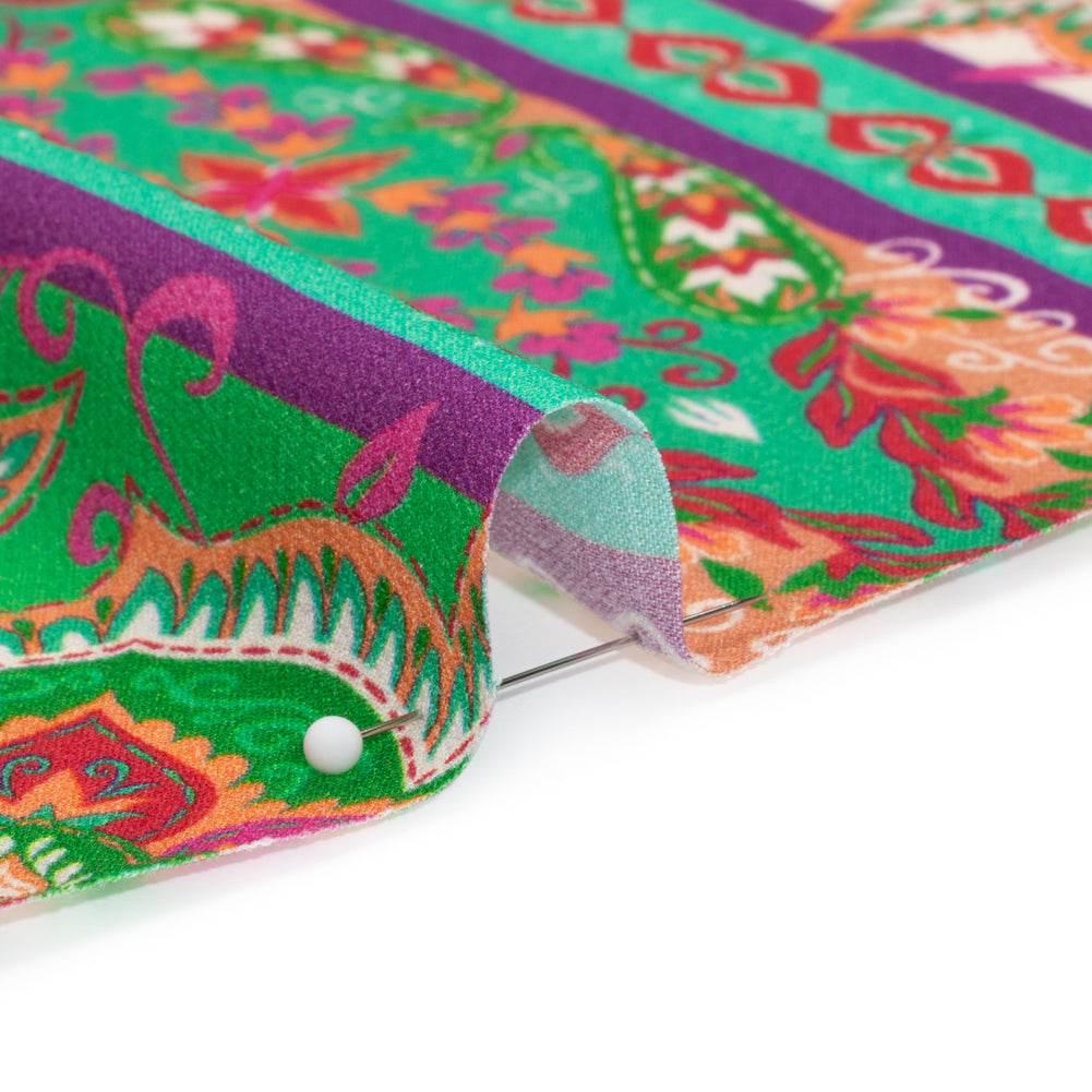 Viscose Crepe Print - Green and Pink Floral Medallion Stripes - Mood Exclusive Happy Hayday