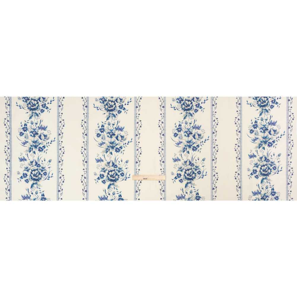 Brushed Stretch Cotton Twill Print - Navy and White Floral Stripes - Mood Exclusive Pathway to Paradise