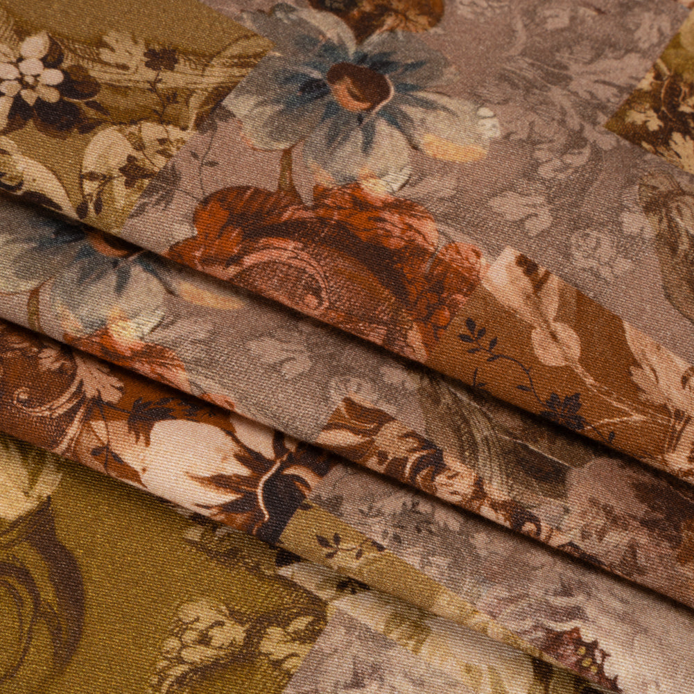 Brushed Stretch Cotton Twill Print - Rust and Olive Floral Patchwork - Mood Exclusive Vintage Vignettes