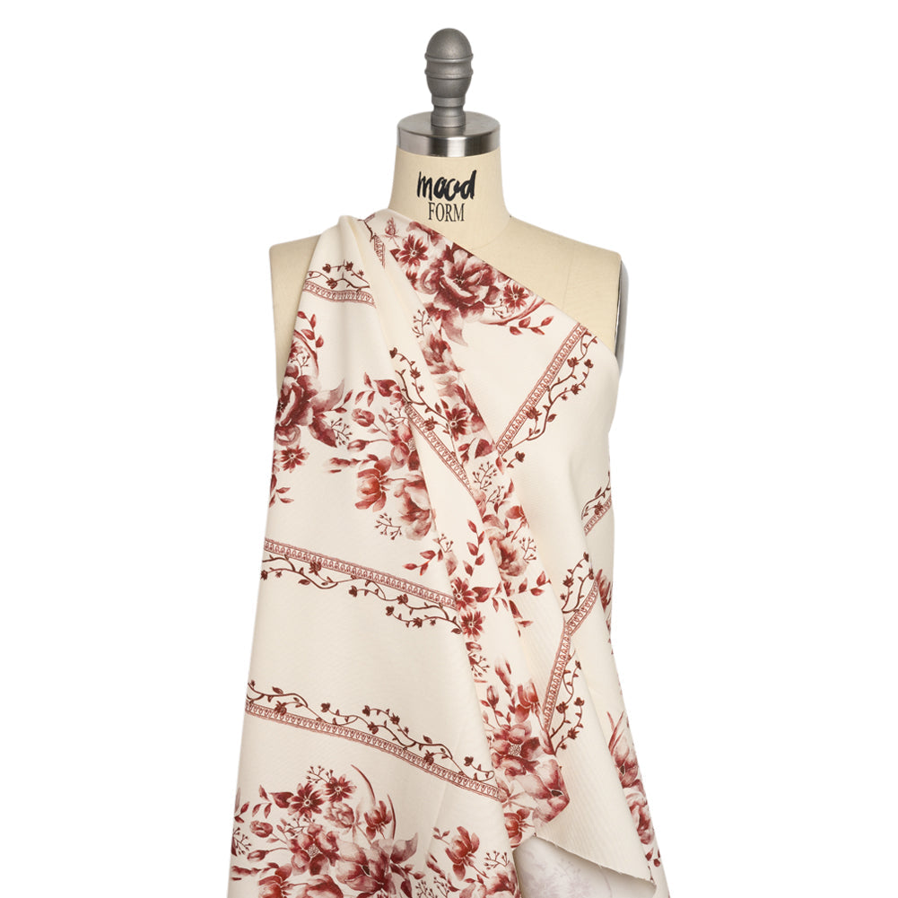 Brushed Stretch Cotton Twill Print - Burgundy and White Floral Stripes - Mood Exclusive Pathway to Paradise