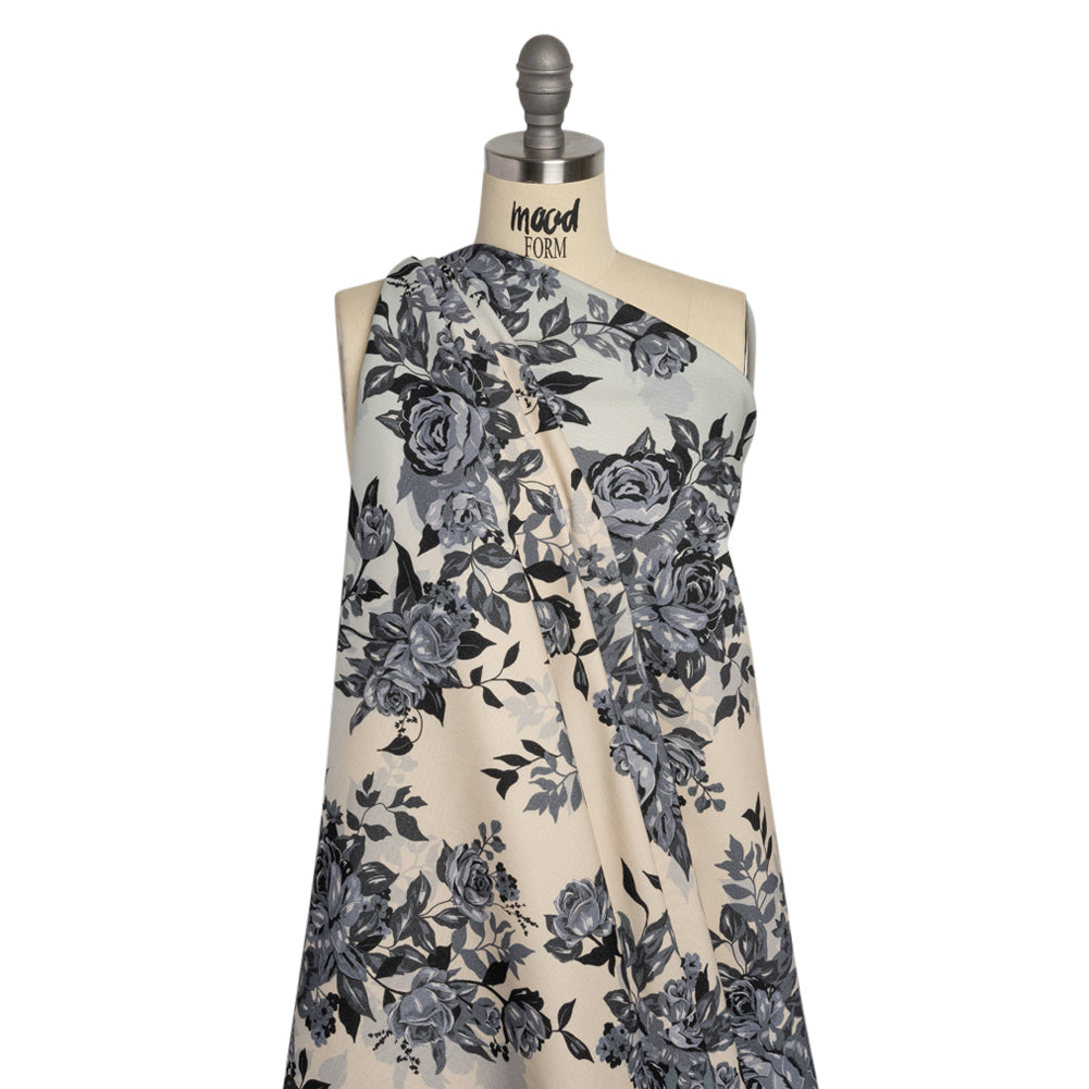 Brushed Stretch Cotton Twill Panel - Blue and Cream Roses - Mood Exclusive Space for Grace