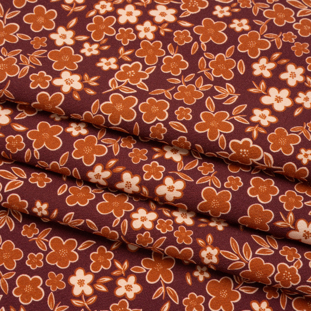 Stretch Cotton Twill Print - Burgundy, Rust and Peach Floral - Mood Exclusive September Sprouts