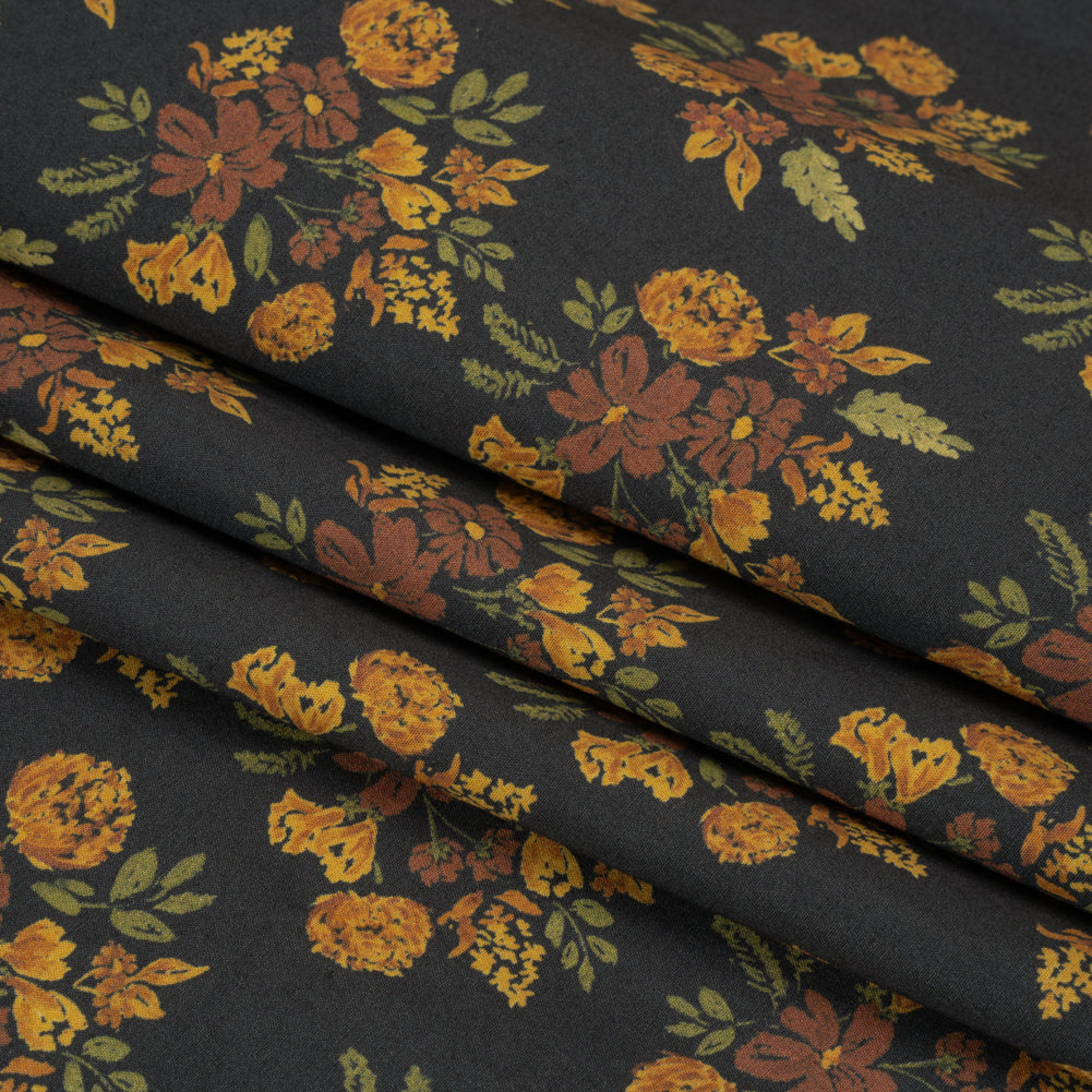 Stretch Cotton Poplin Print - Navy, Rust and Orange Floral - Mood Exclusive Amber Bunches