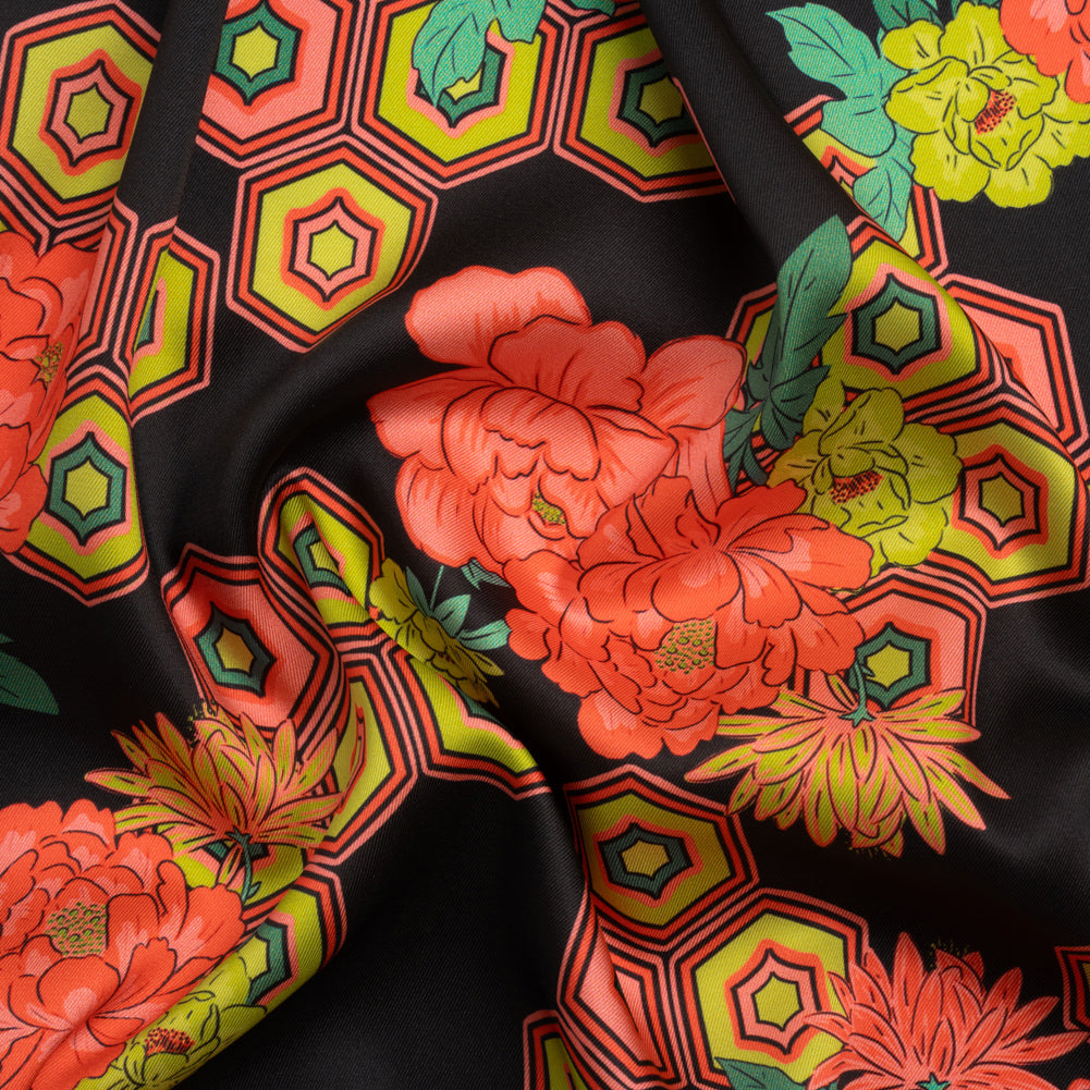 Recycled Polyester Twill Print - Black, Yellow and Coral Honeycomb Floral - Mood Exclusive Rose and Honey