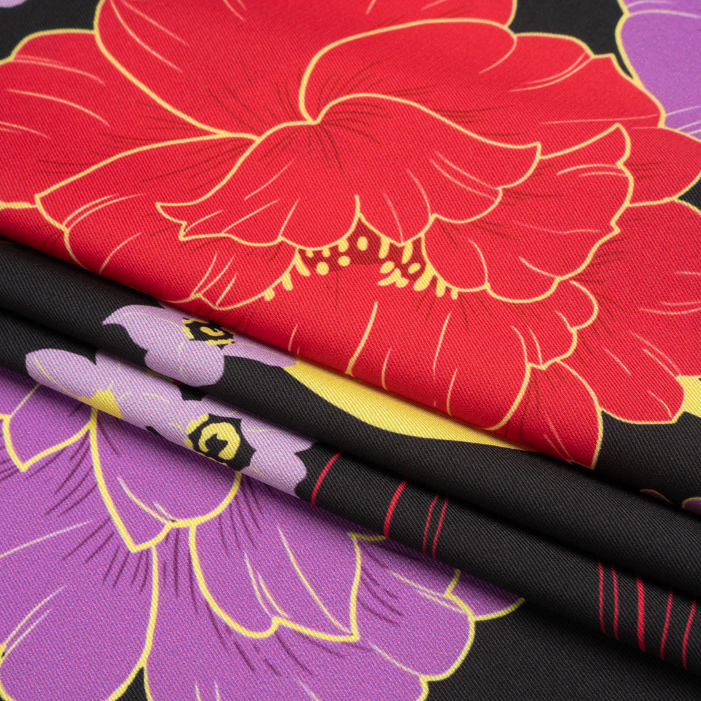 Recycled Polyester Twill - Black, Red and Purple Floral - Japanese Daydreams Print - Mood Exclusive Groove Collection
