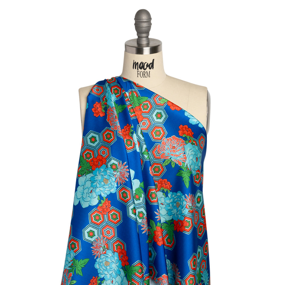 Recycled Polyester Twill Print - Blue, Green and Orange Honeycomb Floral - Mood Exclusive Rose and Honey