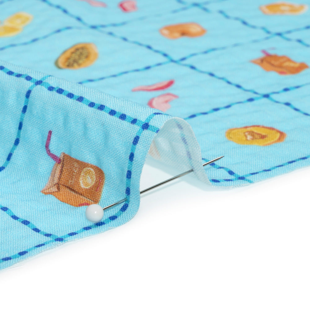 Cotton and Viscose Striped Seersucker Print - Blue Windowpane Checks and Fruit - Mood Exclusive Fruit Juice Jackpot