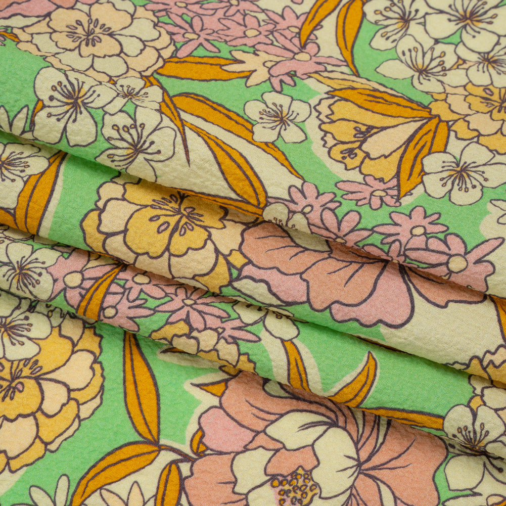 Mood Exclusive Green Cherry Blossom Lessons Stretch Polyester Seersucker