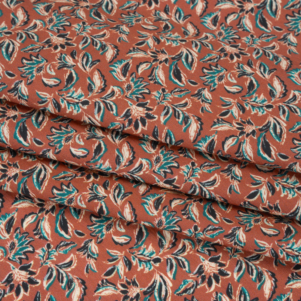 Cotton Poplin Print - Burnt Orange and Teal Leaves - Mood Exclusive Cranberry Corral