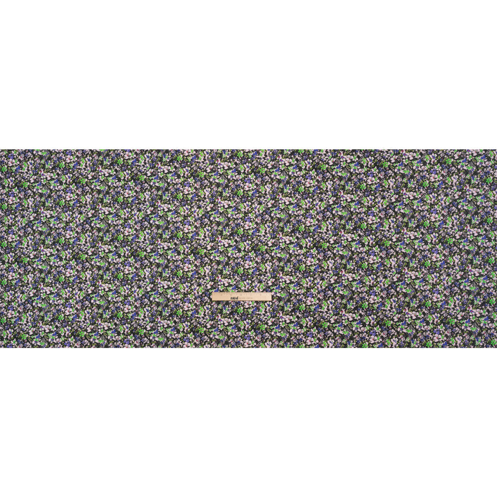 Stretch Cotton and Viscose Sateen Print - Indigo, Lime and Black Floral - Mood Exclusive Meandering at Midnight