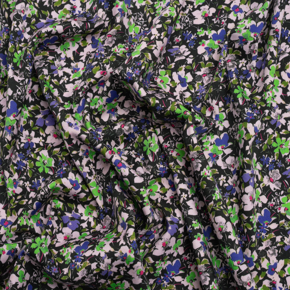Stretch Cotton and Viscose Sateen Print - Indigo, Lime and Black Floral - Mood Exclusive Meandering at Midnight