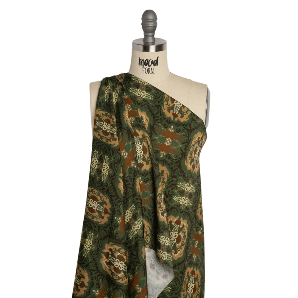 Viscose Twill Print - Green and Tan Leafy Ikat Medallions - Mood Exclusive Acacia Arena