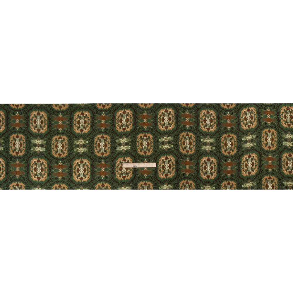 Viscose Twill Print - Green and Tan Leafy Ikat Medallions - Mood Exclusive Acacia Arena