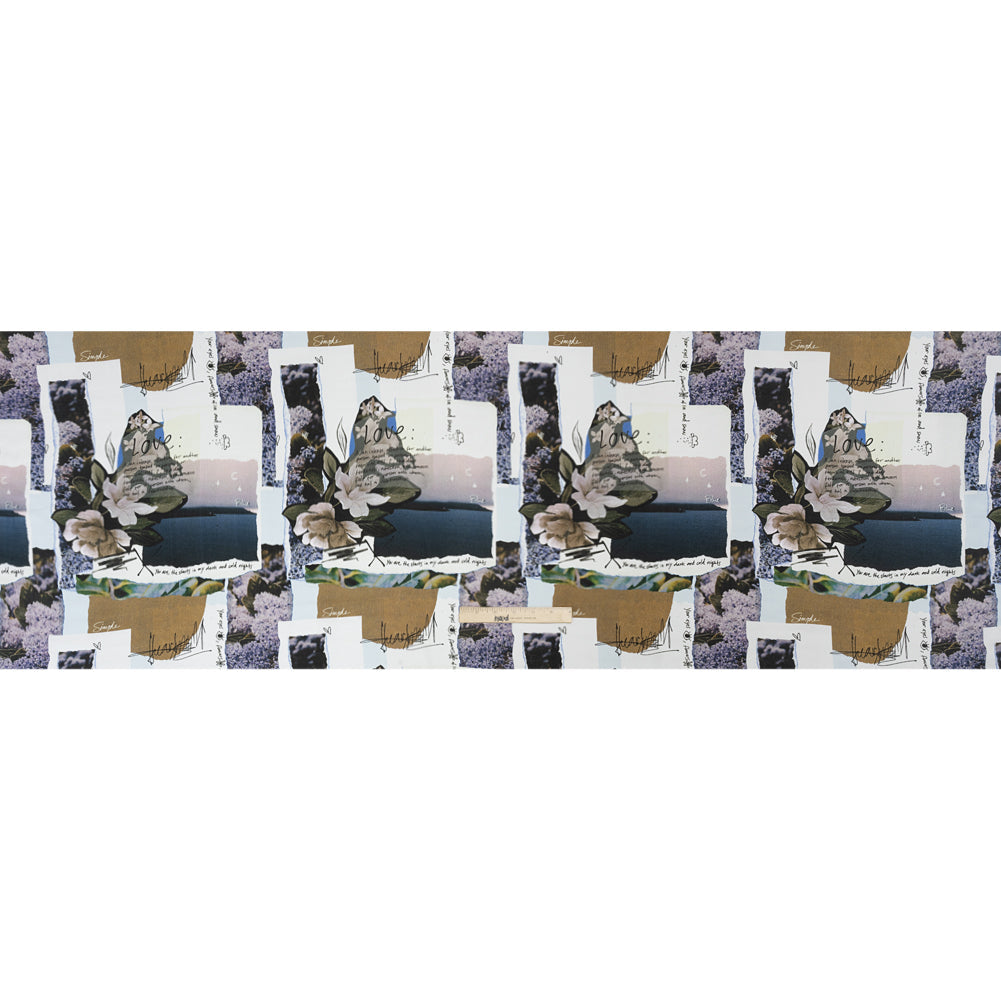 Sustainable Viscose Crepe Print - Beige and Dusty Blue Scrapbook Patchwork - Mood Exclusive Poetics of Love