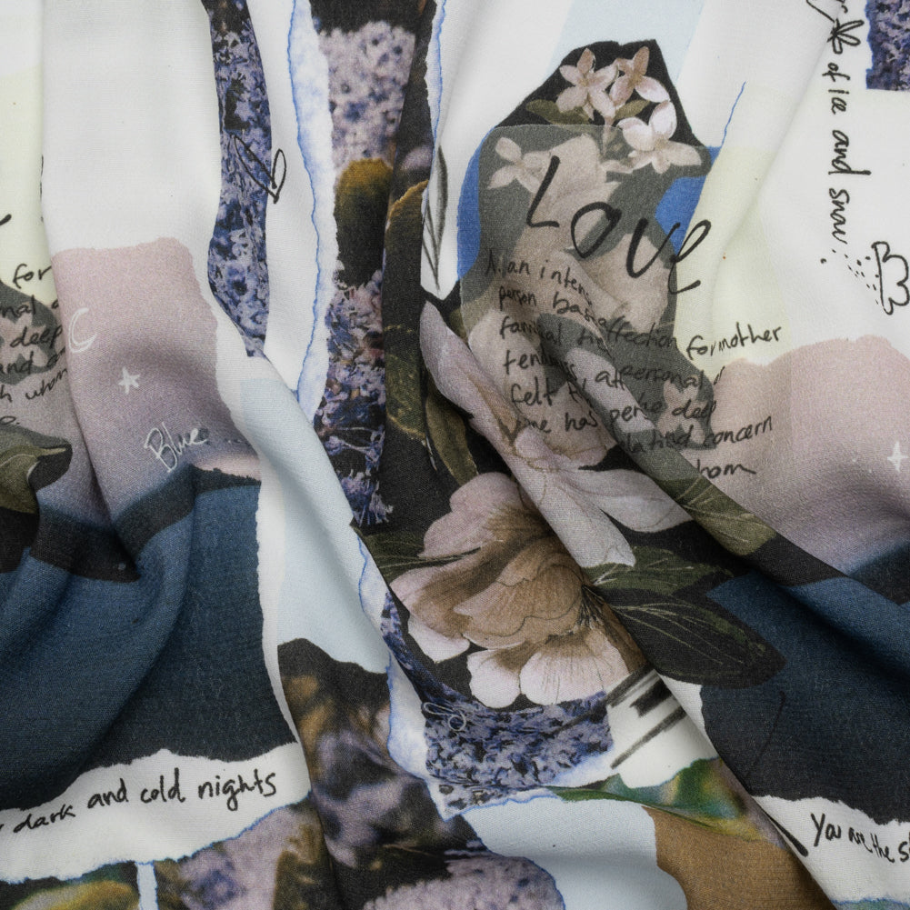 Sustainable Viscose Crepe Print - Beige and Dusty Blue Scrapbook Patchwork - Mood Exclusive Poetics of Love