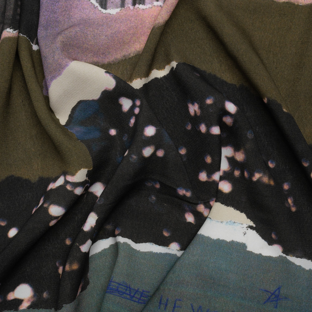 Sustainable Viscose Crepe Print - Dark Gray and Lavender Torn Photos Collage - Mood Exclusive What About Always