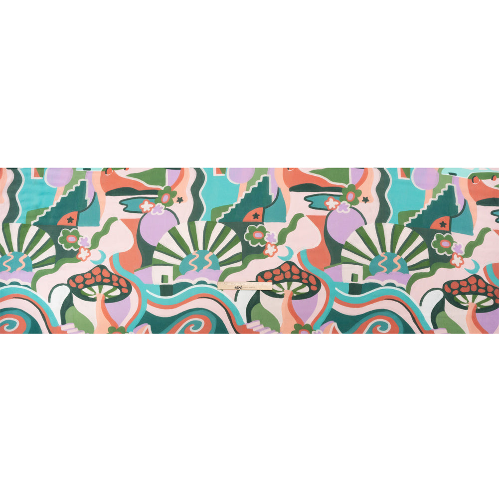 Sustainable Viscose Woven Print - Pink, Green and Blue Mushrooms and Abstract - Mood Exclusive Mid Mod Mushroom