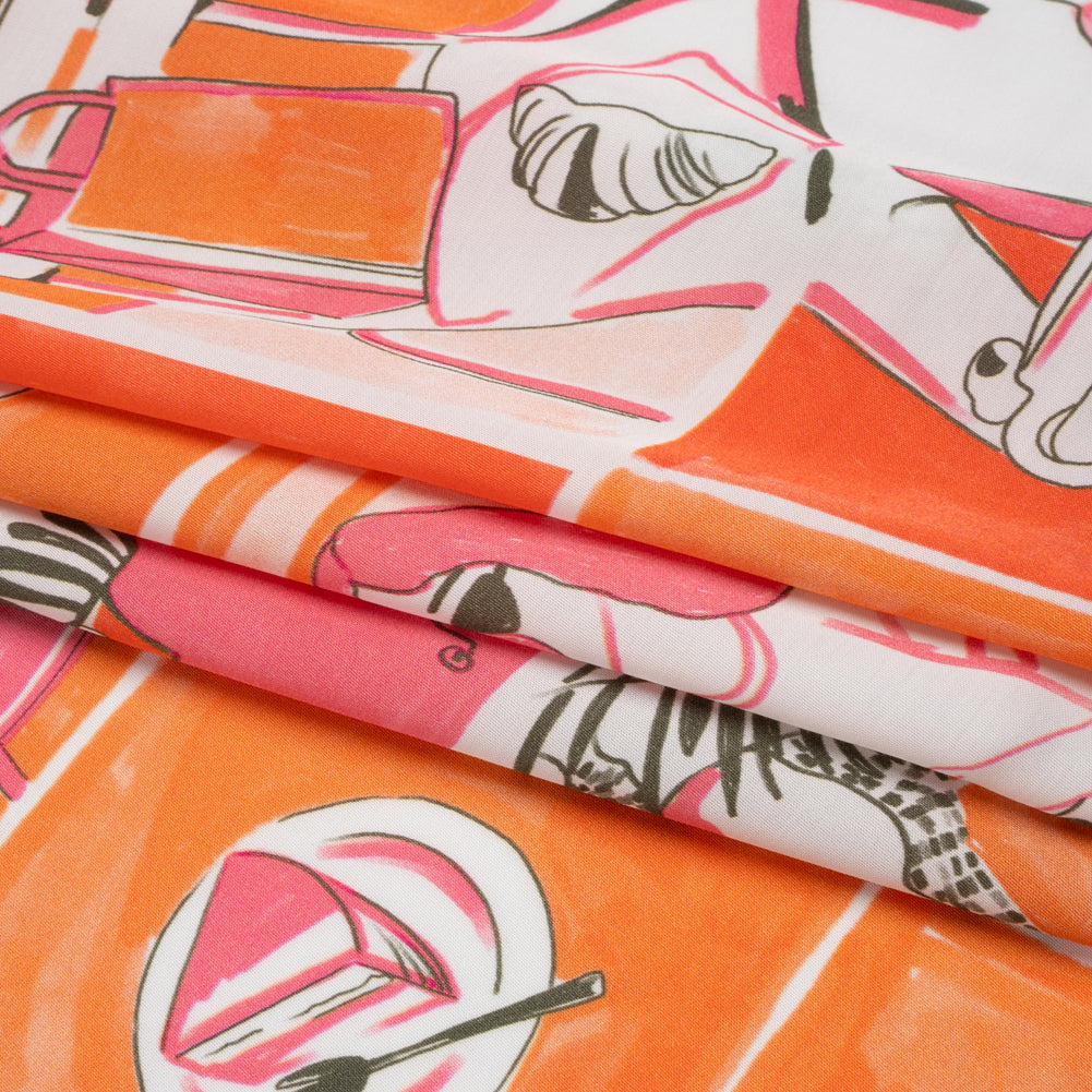 Sustainable and Recycled Viscose Satin Print - Orange and Pink Cafe Snapshots Patchwork - Mood Exclusive Italian Afternoon