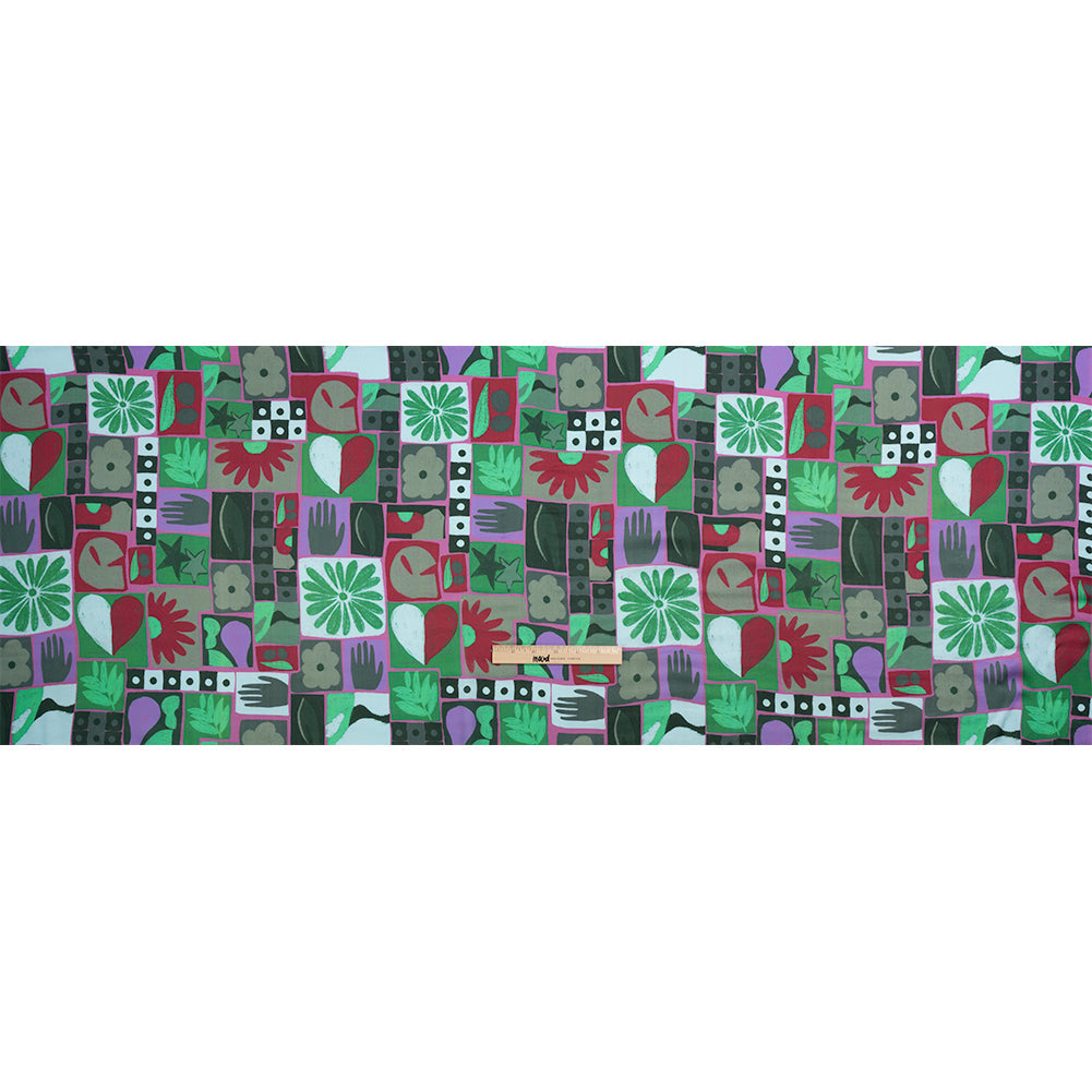 Sustainable and Recycled Viscose Satin Print - Green, Red and Gray Simple Symbols Patchwork - Mood Exclusive Come Together