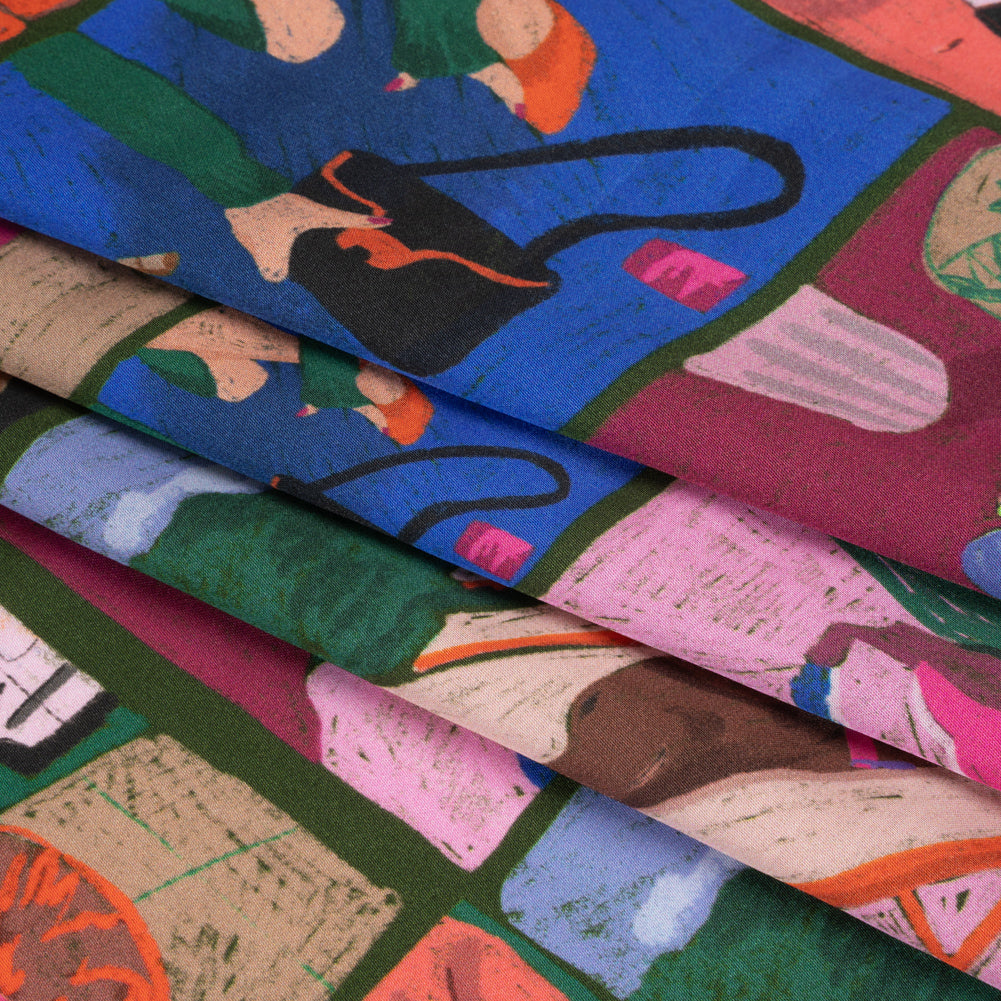 Sustainable and Recycled Viscose Satin Print - Blue, Green and Berry Red Everyday Vignettes Patchwork - Mood Exclusive Metropolitan Madness