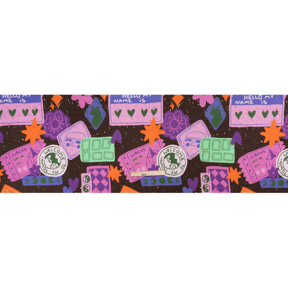 Sustainable and Recycled Viscose Satin Print - Purple, Mint and Blue Scrapbook Collage - Mood Exclusive Penpal Persona