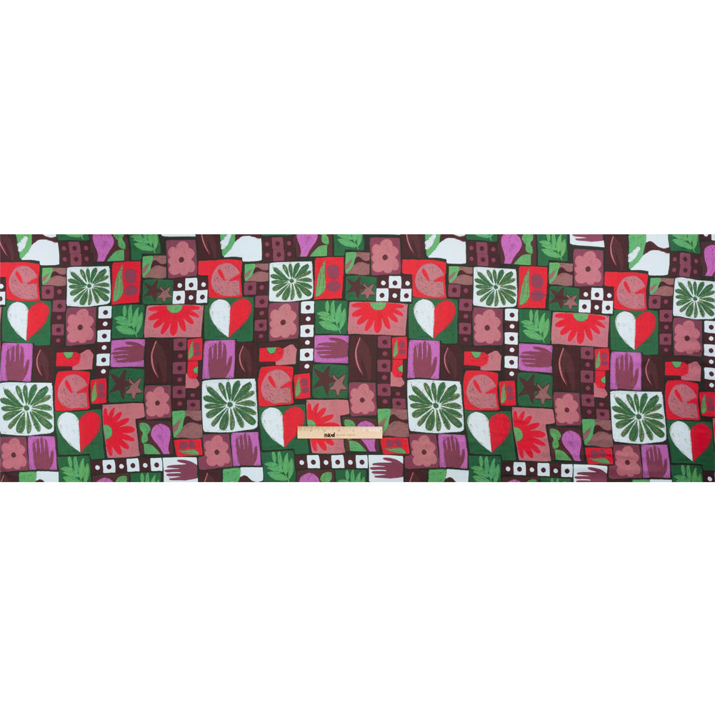 Sustainable and Recycled Viscose Satin Print - Purple, Green and Red Simple Symbols Patchwork - Mood Exclusive Come Together