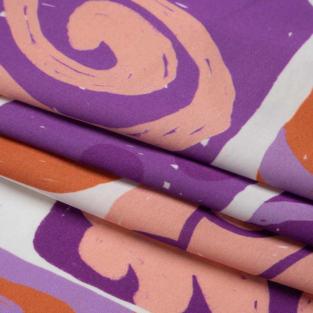 Sustainable and Recycled Viscose Satin Print - Purple and Orange Doodle Patches - Mood Exclusive Place in Space