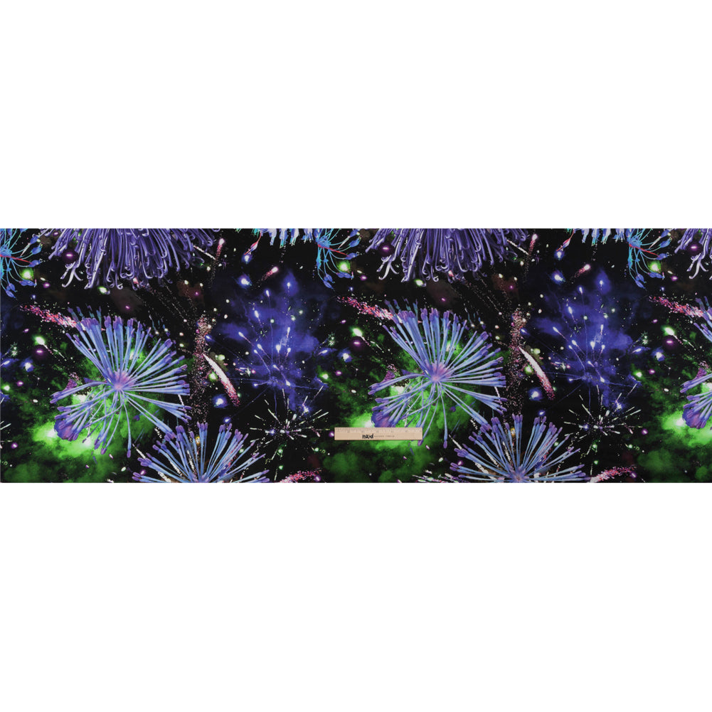 Sustainable and Recycled Viscose Satin Print - Purple, Black and Green Fireworks and Flowers - Mood Exclusive Mirrored in Nature