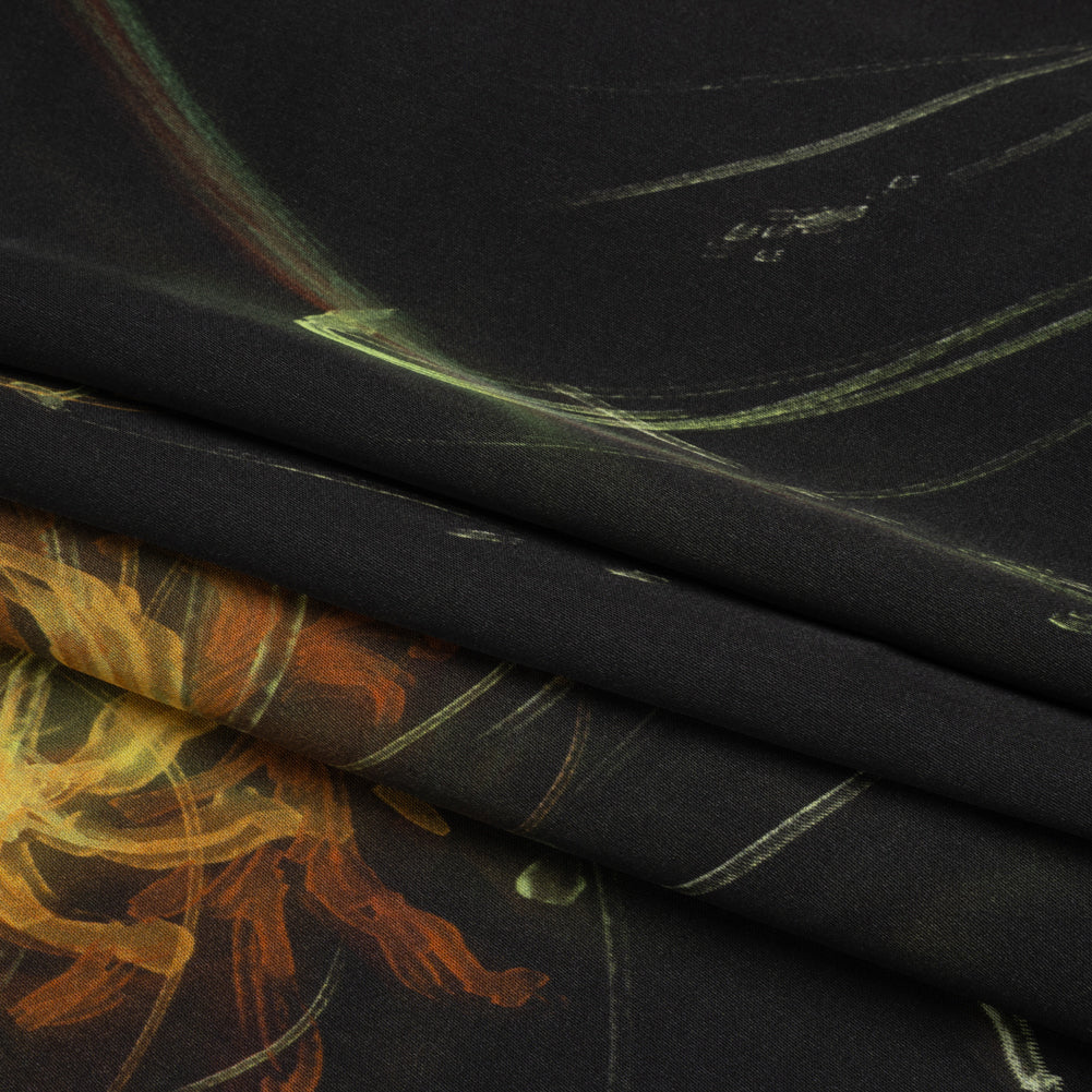 Sustainable and Recycled Viscose Satin Print - Golden Yellow and Black Glowing Florals - Mood Exclusive Marine Magic