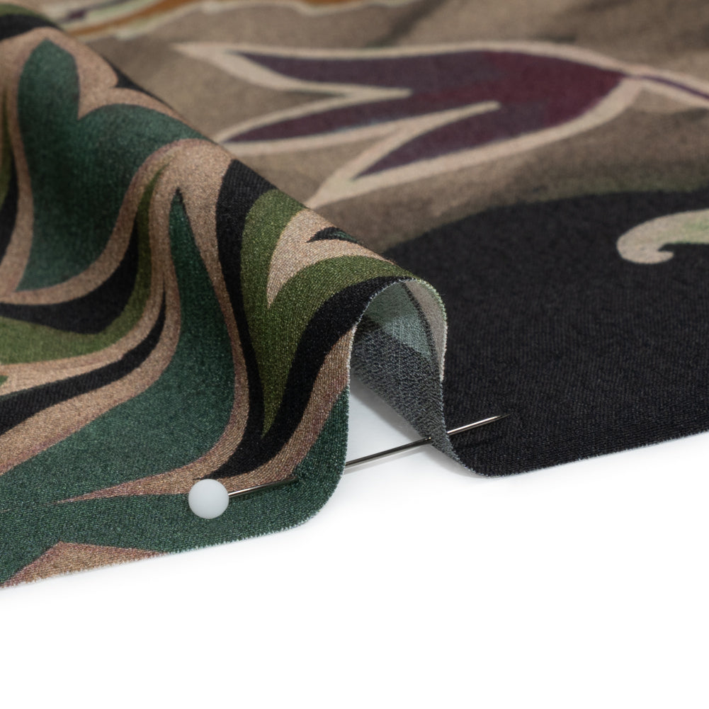 Sustainable Viscose Crepe Print - Brown and Green Leafy and Geometric Patchwork - Mood Exclusive Overgrown Life