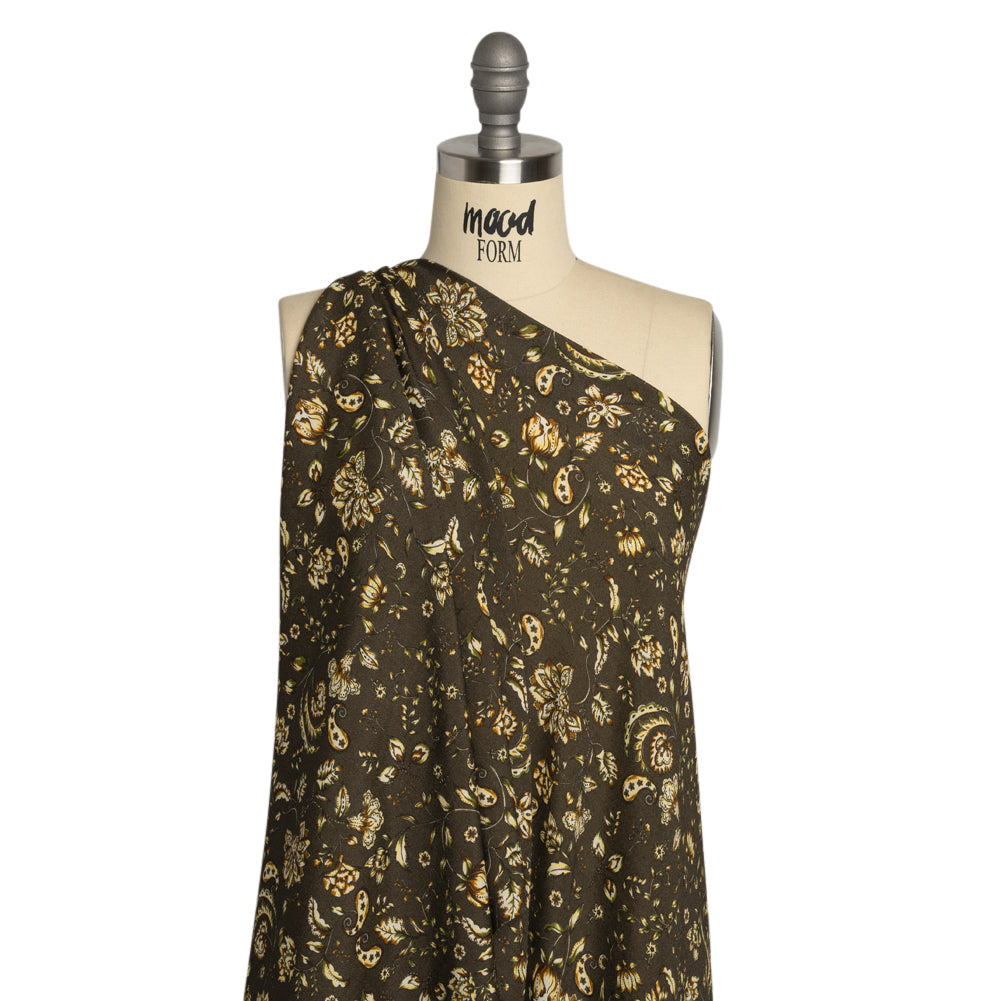 Gauzy Viscose Crepe Print - Charcoal, Green and Brown Jacobean Floral - Mood Exclusive Wooded Wonders