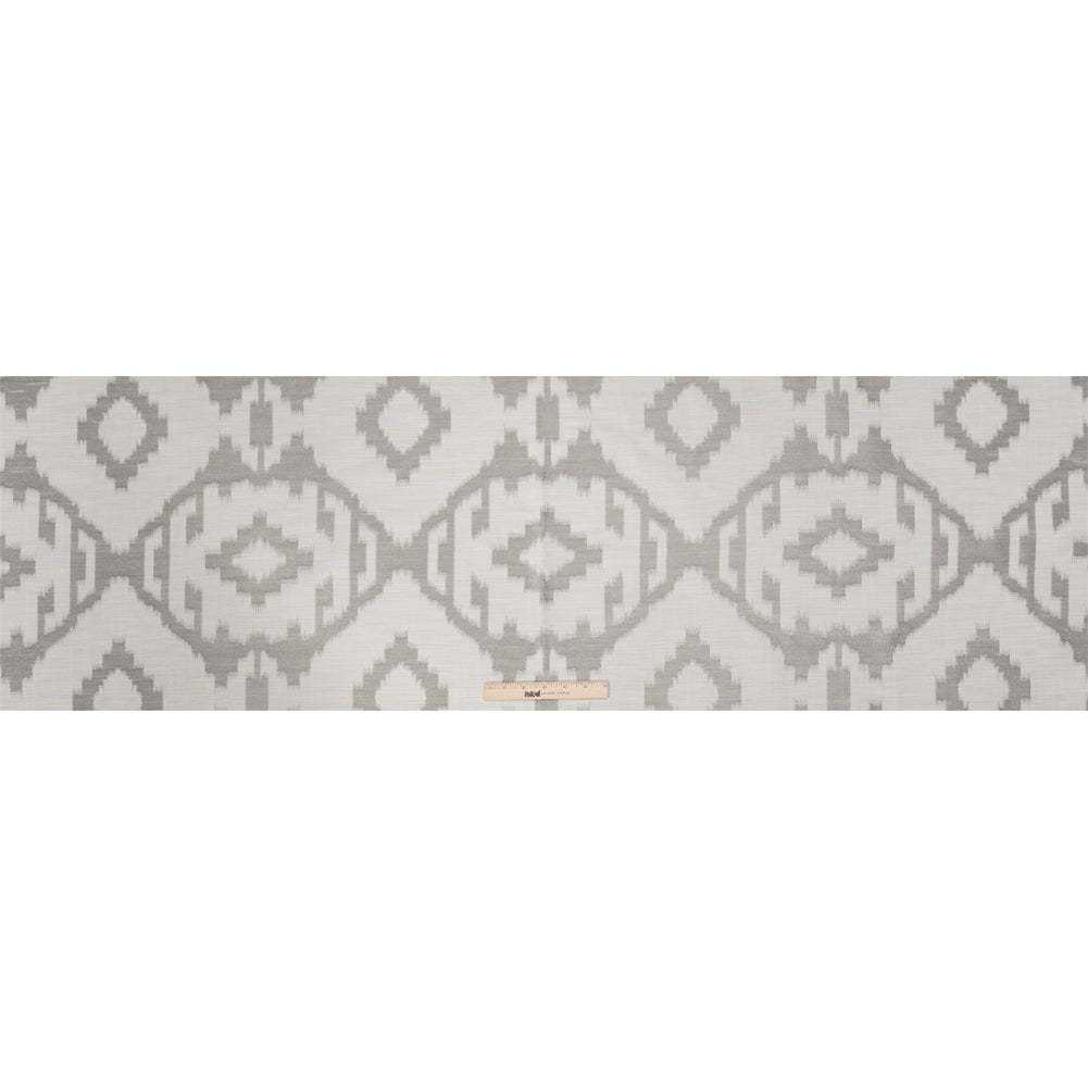 White and Silver Geometric Ikat Viscose, Polyester and Linen Drapery Jacquard