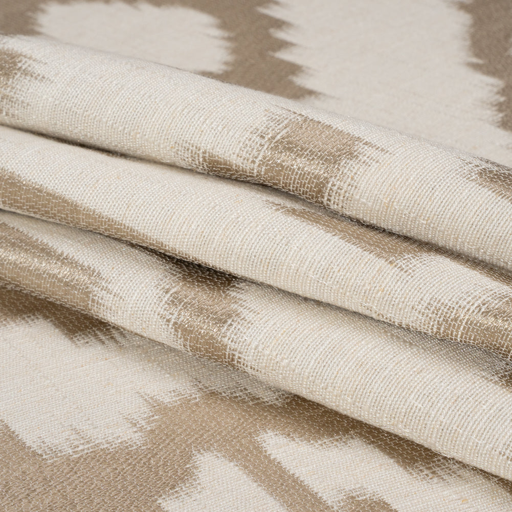Ivory and Taupe Geometric Ikat Viscose, Polyester and Linen Drapery Jacquard