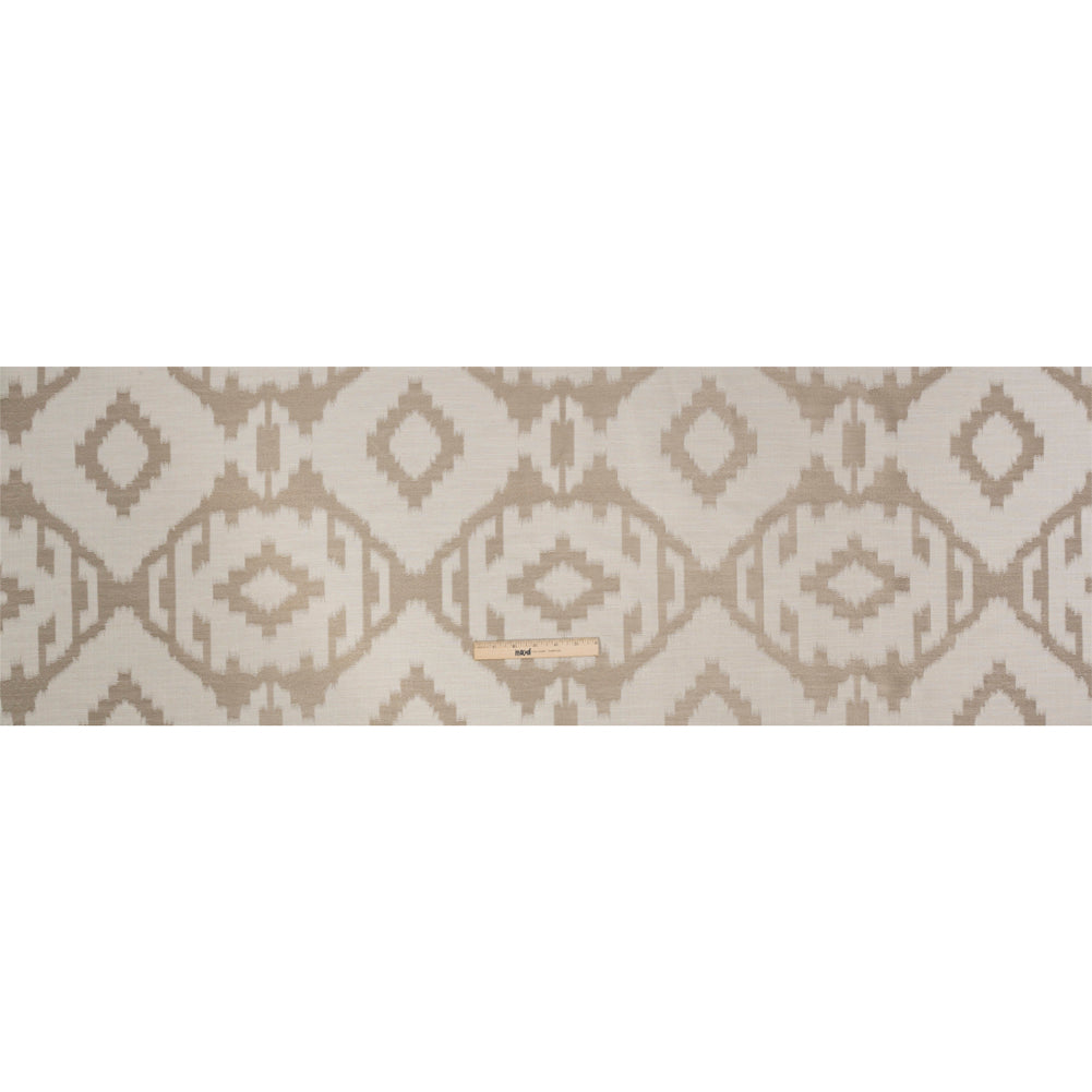 Ivory and Taupe Geometric Ikat Viscose, Polyester and Linen Drapery Jacquard