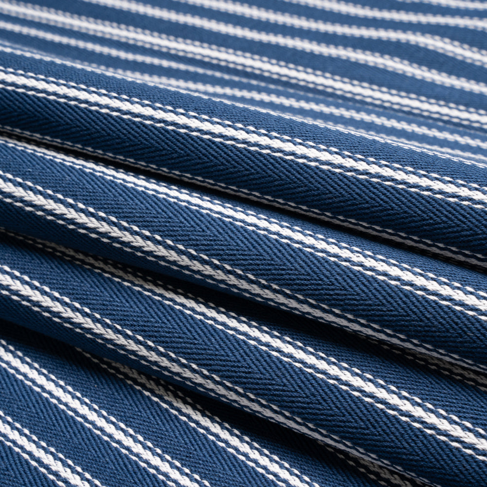 White on Navy Ticking Stripes Cotton Herringbone Twill
