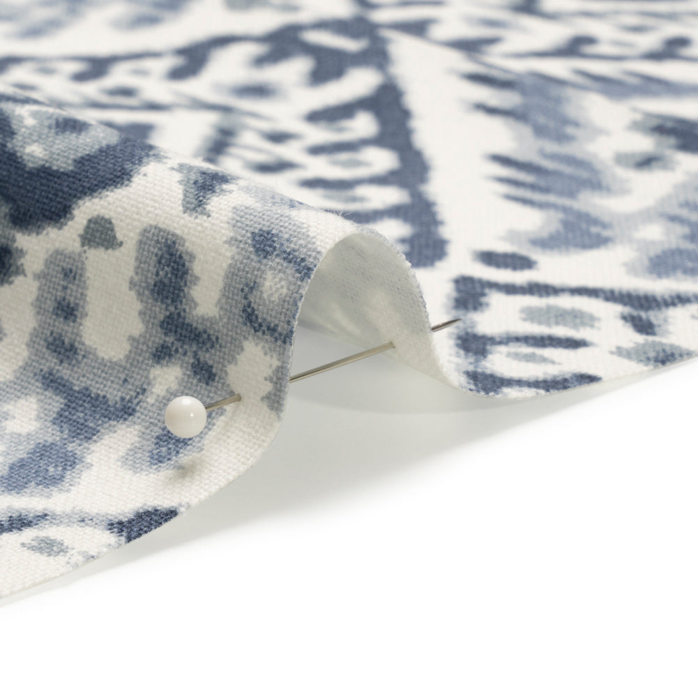 Muted Blue, Navy and White Decorative Ikat Diamonds Cotton Canvas