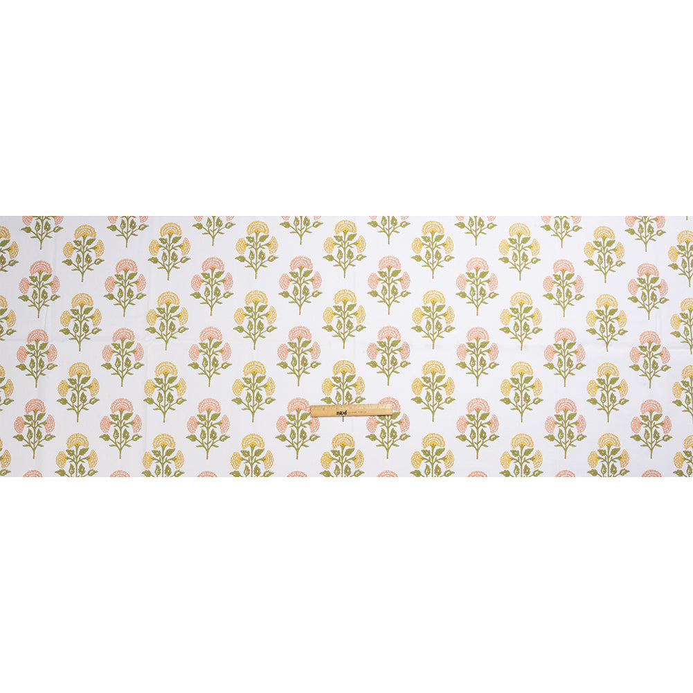 Coral, Yellow and Green Classic Floral Printed Cotton Canvas