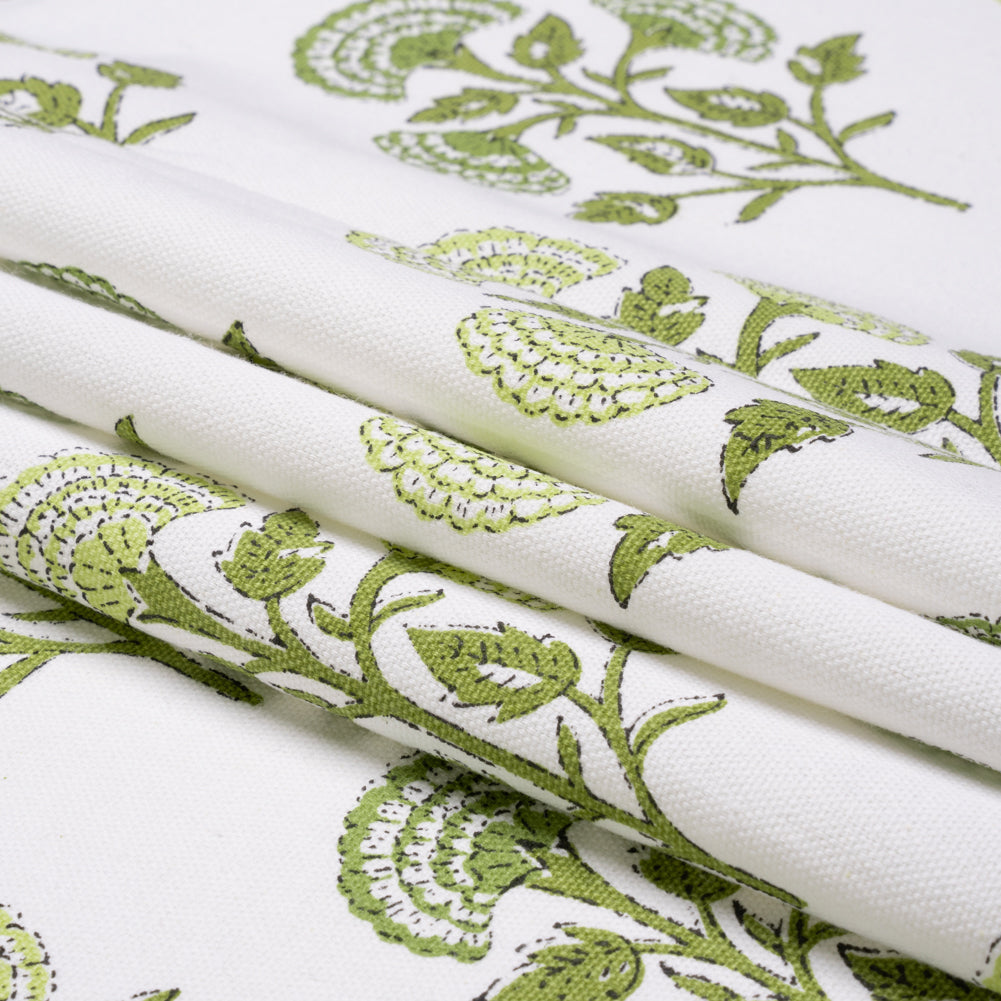 Green and White Classic Floral Printed Cotton Canvas