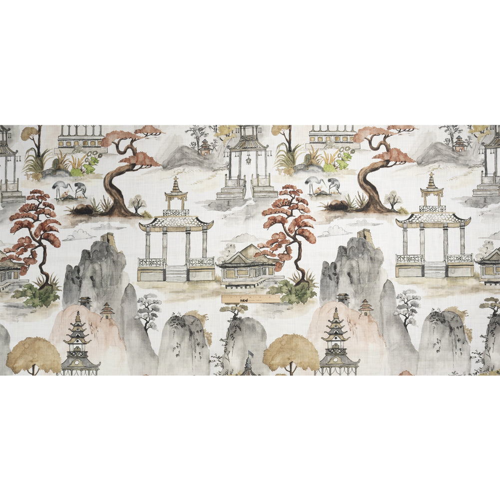 Gray, Rust and Green Pagodas and Mountains Slubbed Cotton Woven