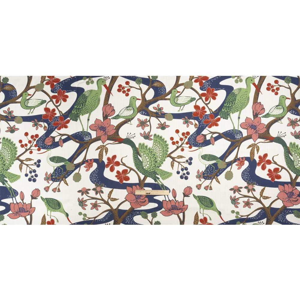 Pink, Blue and Green Birds, Blooms and Berries Slubbed Cotton Woven